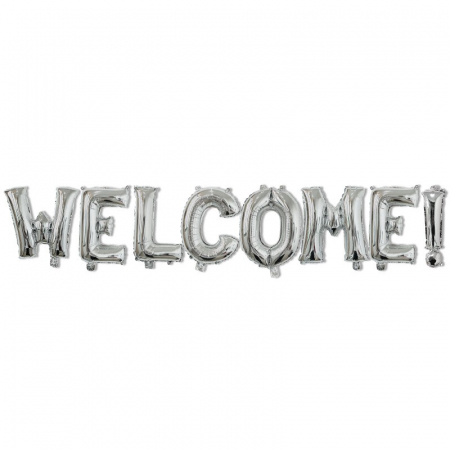 Forme, Scris, Seturi - Set Baloane din Folie Metalizata, Flippy, Model WELCOME!, Litere de 40 cm, Baloane Party, Ambalaj Individual, Pai Inclus, Umflare cu Aer sau Heliu, Argintiu