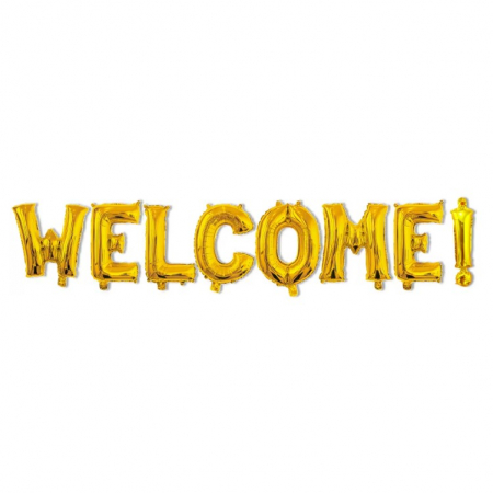 Forme, Scris, Seturi - Set Baloane din Folie Metalizata, Flippy, Model WELCOME!, Litere de 40 cm, Baloane Party, Ambalaj Individual, Pai Inclus, Umflare cu Aer sau Heliu, Auriu