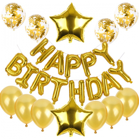 Forme, Scris, Seturi - Set baloane din folie metalizată și baloane din latex, baloane folie Happy Birthday, 4 baloane latex Confetti, 6 baloane latex Gold, 2 baloane folie Steluță, 40cm, Gold