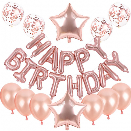 Articole petrecere - Set baloane din folie metalizată și baloane din latex, baloane folie Happy Birthday, 4 baloane latex Confetti, 6 baloane latex Roz, 2 baloane folie Steluță, 40cm, Roz
