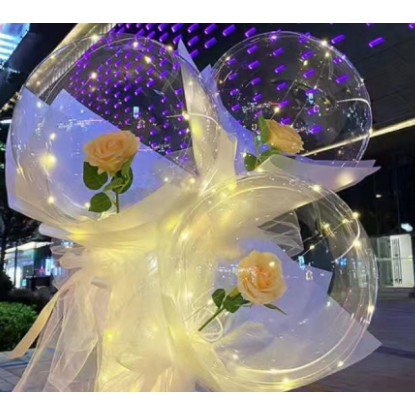 Articole petrecere - Set Buchet Decorativ, Flippy, Trandafir in Balon cu Lumini Led, Diametru 35 cm, 2 x Baterii AA (neincluse), Sampanie