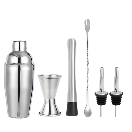 Articole petrecere - Set Barman Preparare Cocktail,Flippy, 6 Piese, Inox, Argintiu, Kit Accesorii Bar si Mixologie: Shaker750ml, Masura dubla, Pistil, Lingura barman, 2 Picuratoare