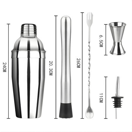 Set Barman Preparare Cocktail,Flippy, 6 Piese, Inox, Argintiu, Kit Accesorii Bar si Mixologie: Shaker750ml, Masura dubla, Pistil, Lingura barman, 2 Picuratoare [1]