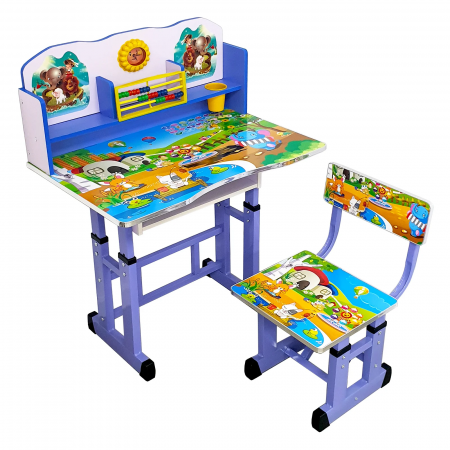 Set birou cu scaunel, albastru, metal si MDF, 69 x 45 cm, reglabil pe inălțime, 3 ani + [0]
