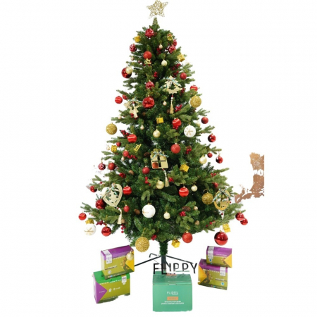 Decoratiuni, ornamente si articole Craciun - Set brad artificial de Craciun si elemente decorative, decorat cu conuri pin rosii, inaltime 210 cm, diametru 137 cm, 1172 ramuri, Flippy, verde, suport metalic inclus