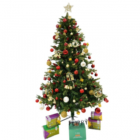 Decoratiuni, ornamente si articole Craciun - Set brad artificial de Craciun si elemente decorative, decorat cu conuri pin rosii, inaltime 210 cm, diametru 137 cm, 1172 ramuri, Flippy, verde, suport metalic inclus