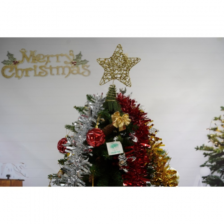 Set brad artificial de Craciun si elemente decorative, decorat cu conuri pin rosii, inaltime 210 cm, diametru 137 cm, 1172 ramuri, Flippy, verde, suport metalic inclus [2]