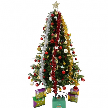 Decoratiuni, ornamente si articole Craciun - Set brad artificial de Craciun si elemente decorative, decorat cu conuri pin rosii, inaltime 210 cm, diametru 137 cm, 1172 ramuri, Flippy, verde, suport metalic inclus