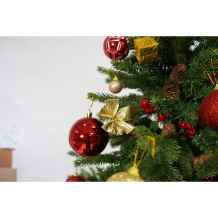 Set brad artificial de Craciun si elemente decorative, decorat cu conuri pin rosii, inaltime 210 cm, diametru 137 cm, 1172 ramuri, Flippy, verde, suport metalic inclus [3]