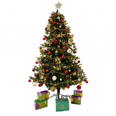 Pentru Casa si Camping - Set brad artificial de Craciun si elemente decorative, decorat cu conuri pin rosii, inaltime 210 cm, diametru 137 cm, 1172 ramuri, Flippy, verde, suport metalic inclus