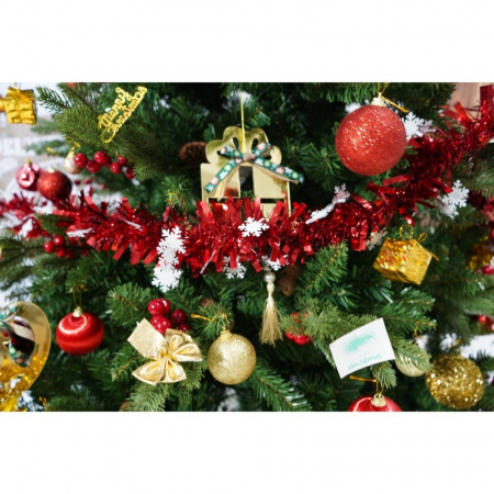 Set brad artificial de Craciun si elemente decorative, decorat cu conuri pin rosii, inaltime 210 cm, diametru 137 cm, 1172 ramuri, Flippy, verde, suport metalic inclus [3]