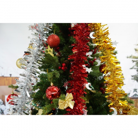 Set brad artificial de Craciun si elemente decorative, decorat cu conuri pin rosii, inaltime 210 cm, diametru 137 cm, 1172 ramuri, Flippy, verde, suport metalic inclus [3]