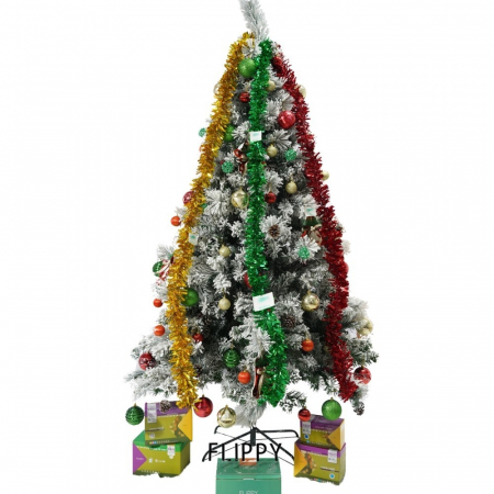 Set brad artificial de Craciun si elemente decorative, nins, decorat cu conuri pin, pentru interior/exterior, inaltime 210 cm, diametru 131 cm, 630 ramuri, Flippy, alb/verde, suport metalic inclus [0]