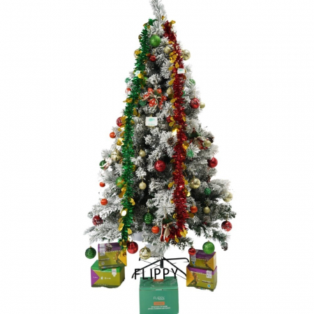 Set brad artificial de Craciun si elemente decorative, nins, decorat cu conuri pin, pentru interior/exterior, inaltime 210 cm, diametru 131 cm, 630 ramuri, Flippy, alb/verde, suport metalic inclus [0]