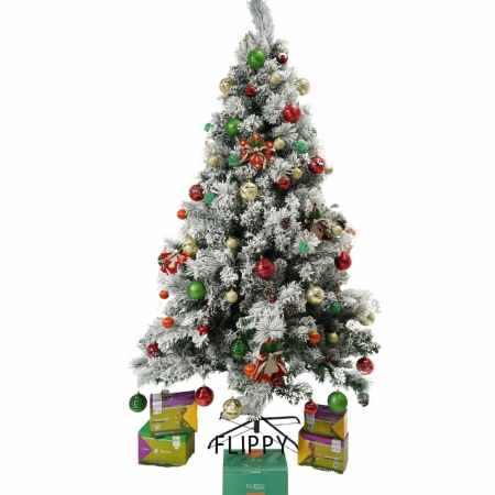 Set brad artificial de Craciun si elemente decorative, nins, decorat cu conuri pin, pentru interior/exterior, inaltime 210 cm, diametru 131 cm, 630 ramuri, Flippy, alb/verde, suport metalic inclus [0]