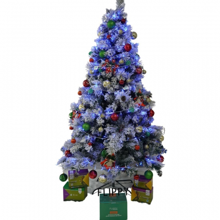 Set brad artificial de Craciun si elemente decorative, nins, decorat cu conuri pin, pentru interior/exterior, inaltime 210 cm, diametru 131 cm, 630 ramuri, Flippy, alb/verde, suport metalic inclus [0]