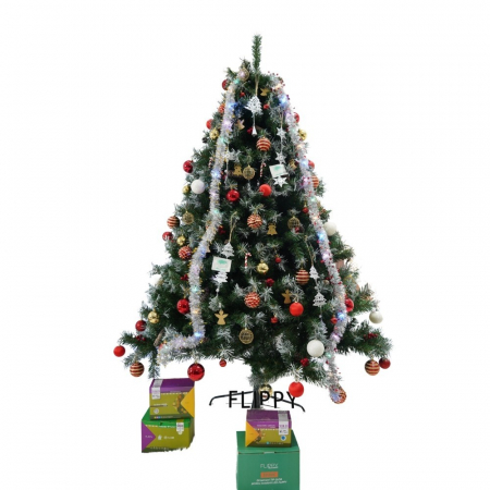 Set brad artificial de Craciun si elemente decorative, nins, decorat cu conuri pin, pentru interior/exterior, inaltime 210 cm, diametru 147 cm, 1150 ramuri, Flippy, verde, suport metalic inclus [0]