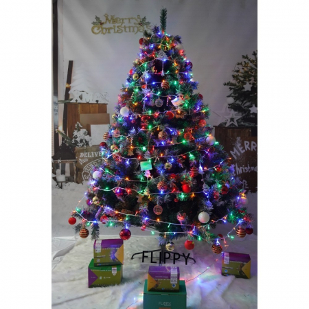 Set brad artificial de Craciun si elemente decorative, nins, decorat cu conuri pin, pentru interior/exterior, inaltime 210 cm, diametru 147 cm, 1150 ramuri, Flippy, verde, suport metalic inclus [2]