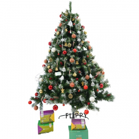 Decoratiuni, ornamente si articole Craciun - Set brad artificial de Craciun si elemente decorative, nins, decorat cu conuri pin, pentru interior/exterior, inaltime 210 cm, diametru 147 cm, 1150 ramuri, Flippy, verde, suport metalic inclus