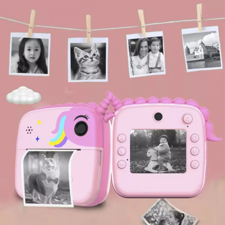Set Camera Instantanee pentru Copii, Flippy, Ecran HD 2.4'', 24MP, 1200 mAh, cu Functie de Printare Alb-Negru, cablu USB-C, Bluetooth, Compatibil iOS/Android, Model Unicorn, Roz [6]