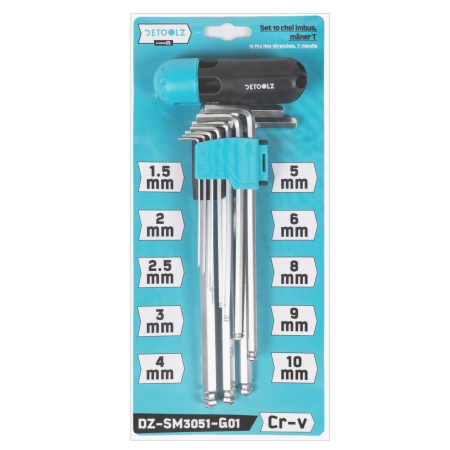 Scule si Unelte  - Set chei imbus Detoolz, 10 bucati, maner T, dimensiuni 1.5mm/2mm/2.5mm/ 3mm/4mm/5mm/6mm/8mm/9mm/10mm, material Cr-V