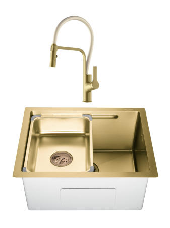 Pentru Casa si Camping - SET Chiuveta SanDonna HD5040 aurie din inox HandMade sub blat + Baterie SanDonna ANDRA flexibila, auriu-alb