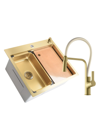 Pentru Casa si Camping - SET Chiuveta SanDonna HD6050 din inox handmade cu dozator de sapun si tavita de scurgere + Baterie flexibila SanDonna ANDRA - Alb-Auriu