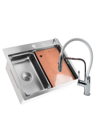 Pentru Casa si Camping - SET Chiuveta SanDonna HD6050 din inox handmade cu dozator de sapun si tavita de scurgere + Baterie flexibila SanDonna ANDRA - Inox