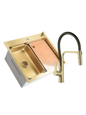 Pentru Casa si Camping - SET Chiuveta SanDonna HD6050 din inox handmade cu dozator de sapun si tavita de scurgere + Baterie flexibila SanDonna ANDRA - Negru-Auriu