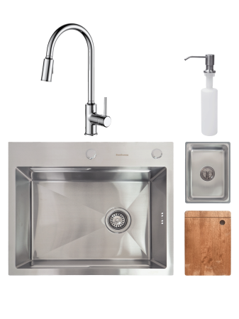 Pentru Casa si Camping - SET Chiuveta SanDonna HD6050 din inox handmade cu dozator de sapun si tavita de scurgere + Baterie flexibila SanDonna CAMI crom - Inox