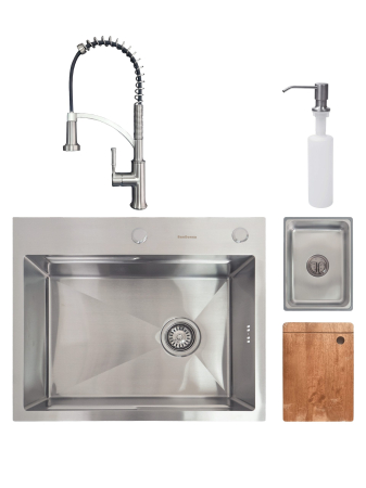 Pentru Casa si Camping - SET Chiuveta SanDonna HD6050 din inox handmade cu dozator de sapun si tavita de scurgere + Baterie flexibila SanDonna MONA crom - Inox