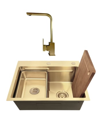 Pentru Casa si Camping - SET Chiuveta SanDonna HD6050 din inox handmade cu dozator de sapun si tavita de scurgere + Baterie SanDonna Nera pivotanta - Auriu