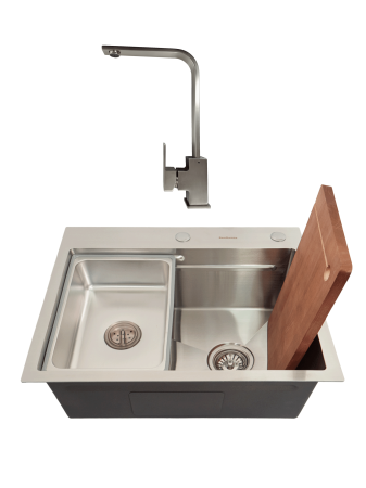Pentru Casa si Camping - SET Chiuveta SanDonna HD6050 din inox handmade cu dozator de sapun si tavita de scurgere + Baterie SanDonna Nera pivotanta - Inox