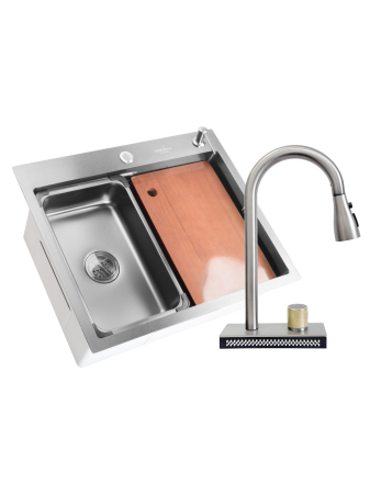Pentru Casa si Camping - SET Chiuveta SanDonna HD6050 din inox handmade cu dozator de sapun, tocator si tavita de scurgere + Baterie multifunctionala SanDonna Aster cu cascada si dus extractabil - Inox