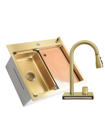 Pentru Casa si Camping - SET Chiuveta SanDonna HD6050 din inox handmade cu dozator de sapun, tocator si tavita de scurgere + Baterie multifunctionala SanDonna Aster cu cascada si dus extractabil - Auriu
