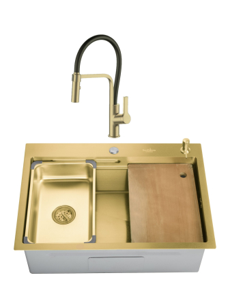 Pentru Casa si Camping - SET Chiuveta SanDonna HD7050 auriu din inox handmade cu dozator de sapun, tavita de scurgere si tocator + Baterie flexibila SanDonna ANDRA auriu negru flexibila