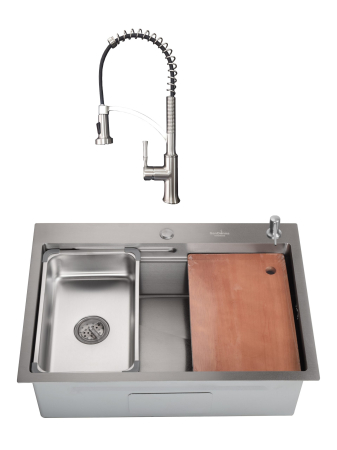 Pentru Casa si Camping - SET Chiuveta SanDonna HD7050 auriu din inox handmade cu dozator de sapun, tavita de scurgere si tocator + Baterie flexibila SanDonna Mona