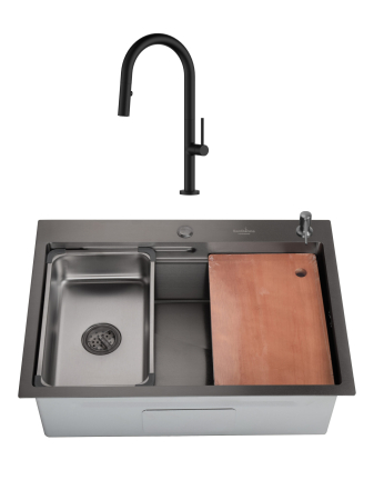 Pentru Casa si Camping - SET Chiuveta SanDonna HD7050 negru din inox handmade cu dozator de sapun, tavita de scurgere si tocator + Baterie flexibila SanDonna Charlotte negru