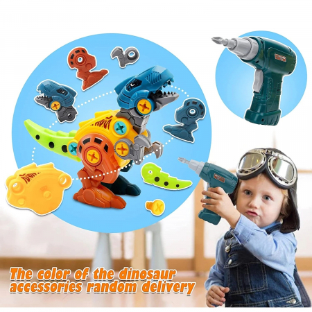 Set constructie, 4 Dinozauri cu bormasina electrica, surubelnita si cutie depozitare, 22 cm [2]