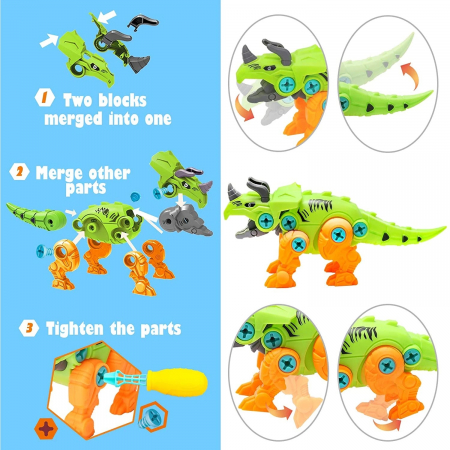 Set constructie, 4 Dinozauri cu bormasina electrica, surubelnita si cutie depozitare, 22 cm [5]