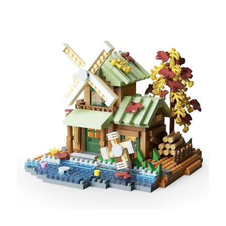 Sub 99 Lei - Set constructie, Flippy, Forest Log Cabin, din ABS, Model Casuta cu Moara de Vant, 717 piese, 10.4x11.7x9 cm, Multicolor