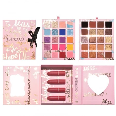 Sub 99 Lei - Set cosmetice Kevin&amp;Coco, 4 Lip gloss, paleta farduri 40 culori nuante nude / rose, cutie cadou, Fara Sulfati, Pudra Compacta, Clasic, 17 x 14 x 5 cm, multicolor