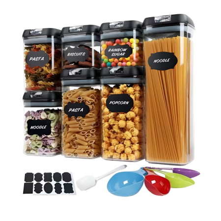 Bucatarie si electrocasnice - Set Cutii de Depozitare a Alimentelor, Flippy, 7 Recipiente, 10 Etichete Reutilizabile, 4 Linguri, pentru Bucatarie, Spatula, Etansare, Fara BPA, Transparente, Capac Negru