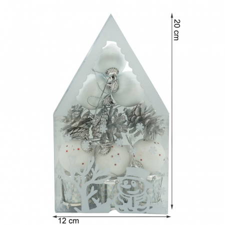 Set de 12 ornamente de brad, Flippy, de tip Glob, Alb/ Argintiu, din polistiren, cu finisaj sclipitor , cutie  4  cm adancime x 20  cm inaltime x 12  cm lungime) [10]