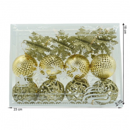 Set de 12 ornamente de brad, Flippy, de tip Glob, Auriu, din plastic, cu finisaj sclipitor , cutie  6  cm adancime x 23  cm lungime x 18  cm inaltime [10]