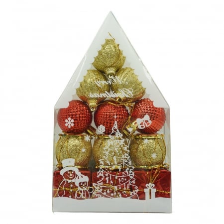 Decoratiuni, ornamente si articole Craciun - Set de 12 ornamente de brad, Flippy, de tip Glob, Rosu/ Auriu, din polistiren, cu finisaj sclipitor , cutie  4  cm adancime x 20  cm inaltime x 12  cm lungime)