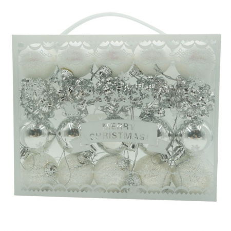 Decoratiuni, ornamente si articole Craciun - Set de 20 ornamente de brad, Flippy, de tip Glob, Alb/ Argintiu, din polistiren, cu finisaj sclipitor , cutie  4  cm adancime x 20  cm lungime x 16  cm inaltime