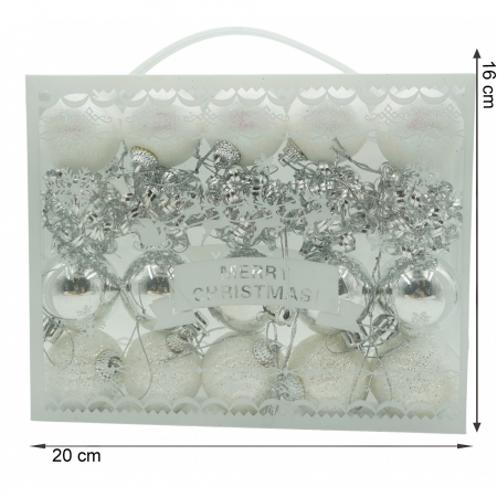 Set de 20 ornamente de brad, Flippy, de tip Glob, Alb/ Argintiu, din polistiren, cu finisaj sclipitor , cutie  4  cm adancime x 20  cm lungime x 16  cm inaltime [5]