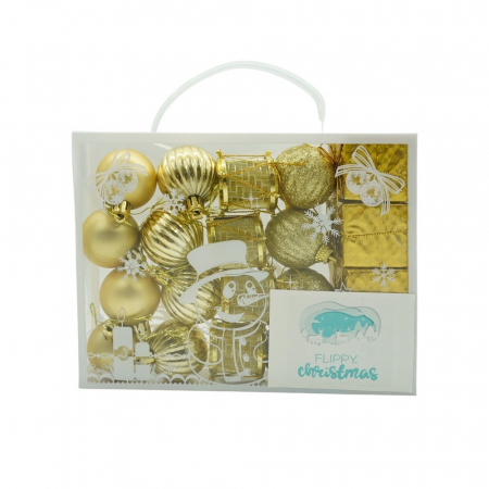 Decoratiuni, ornamente si articole Craciun - Set de 20 ornamente de brad, Flippy, de tip Glob, Auriu, din polistiren, cu finisaj sclipitor , cutie  4  cm adancime x 20  cm lungime x 16  cm inaltime