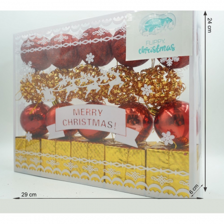Set de 20 ornamente de brad, Flippy, de tip Glob, Rosu/ Auriu, din polistiren, cu finisaj sclipitor , cutie  6  cm adancime x 29  cm lungime x 24  cm inaltime [10]